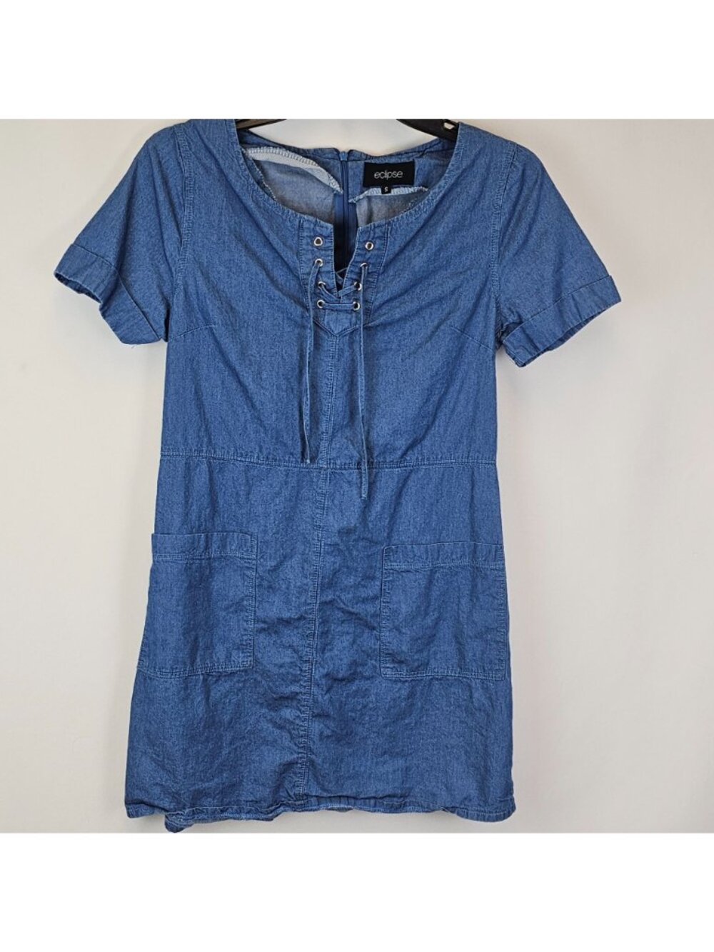 Eclipse S Denim Mini Dress 100% Cotton Blue Shift Pockets Indie Western Y2k - Picture 10 of 15